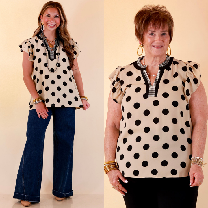 In Good Company Large Polka Dot Blouse with Ruffle Sleeves and Contrast Trim and Collar in Cream with Black Dots