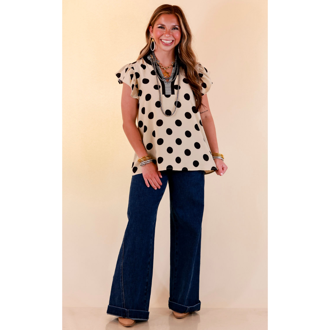 In Good Company Large Polka Dot Blouse with Ruffle Sleeves and Contrast Trim and Collar in Cream with Black Dots