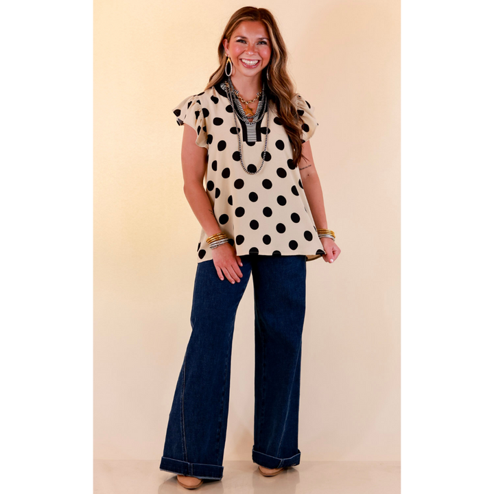 In Good Company Large Polka Dot Blouse with Ruffle Sleeves and Contrast Trim and Collar in Cream with Black Dots