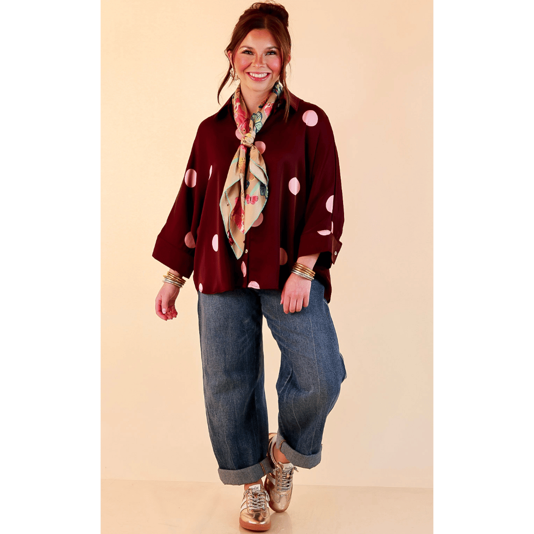 Two of a Kind Oversized Long Sleeve Button Down Blush Pink Polka Dot Blouse in Maroon