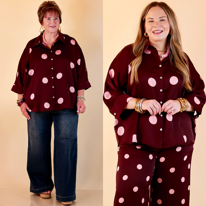 Two of a Kind Oversized Long Sleeve Button Down Blush Pink Polka Dot Blouse in Maroon