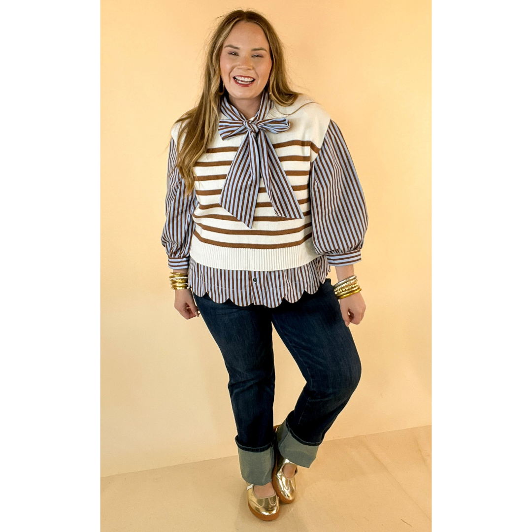 In Good Company Striped Bow Neck Scalloped Hem Blouse in Blue and Brown