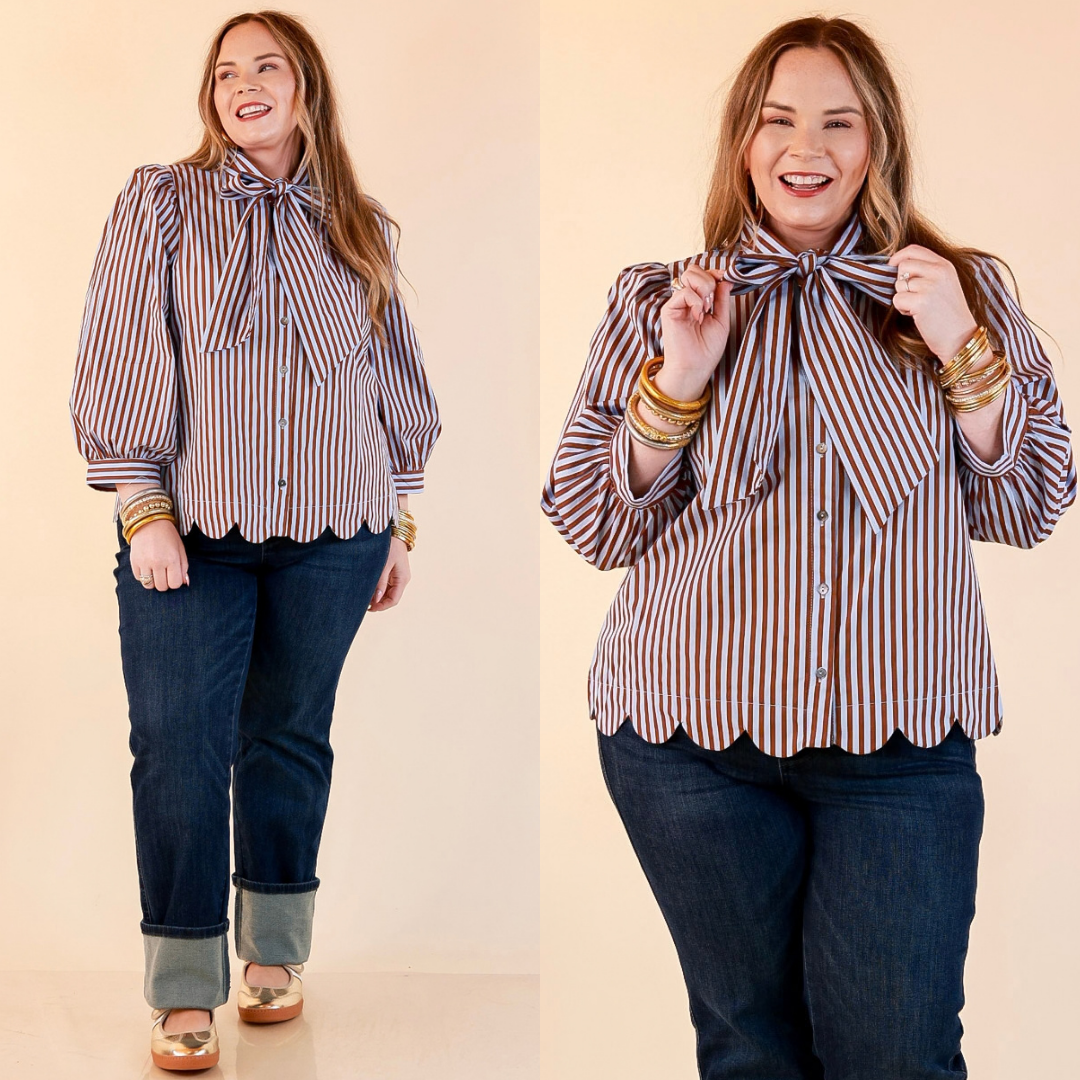 In Good Company Striped Bow Neck Scalloped Hem Blouse in Blue and Brown