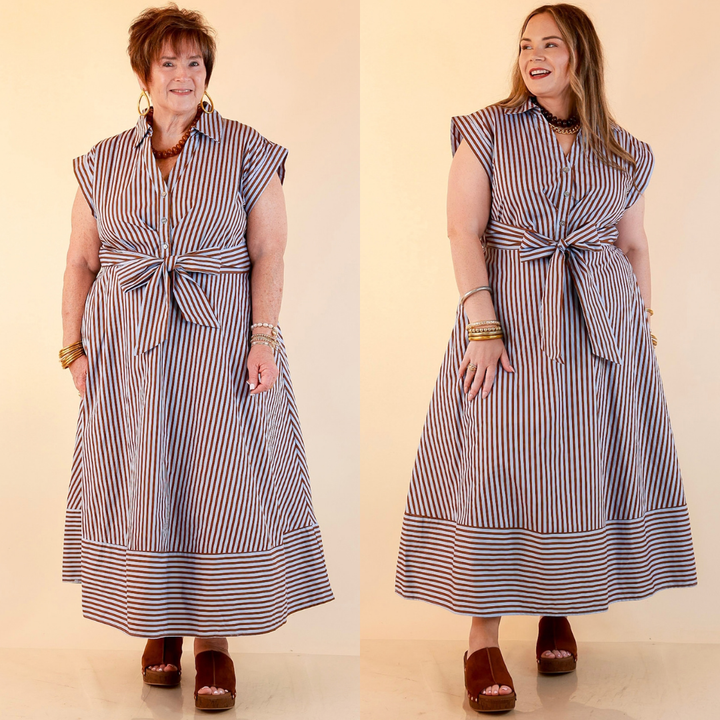 In Good Standing Striped Tie Waist Button Down Midi Dress in Blue and Brown