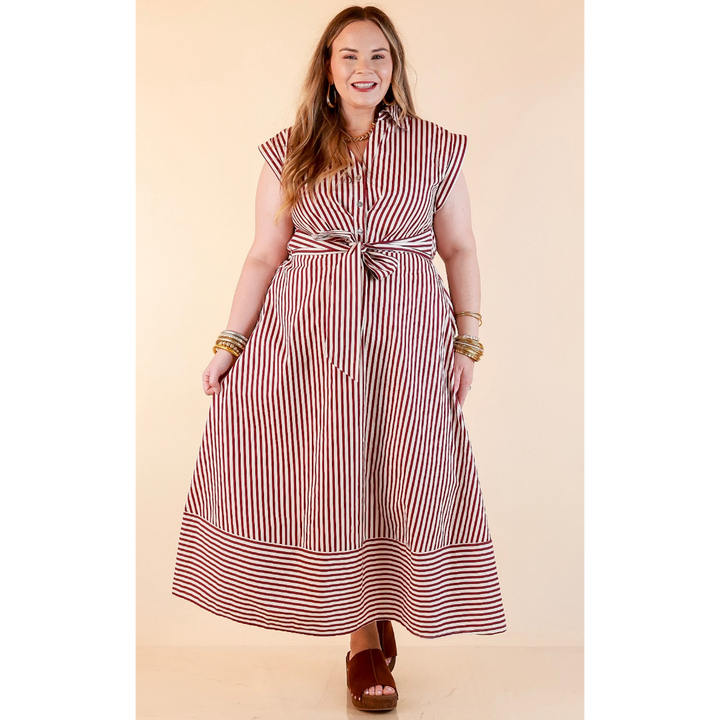 In Good Standing Striped Tie Waist Button Down Midi Dress in Maroon and Ivory