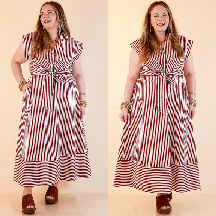 In Good Standing Striped Tie Waist Button Down Midi Dress in Maroon and Ivory