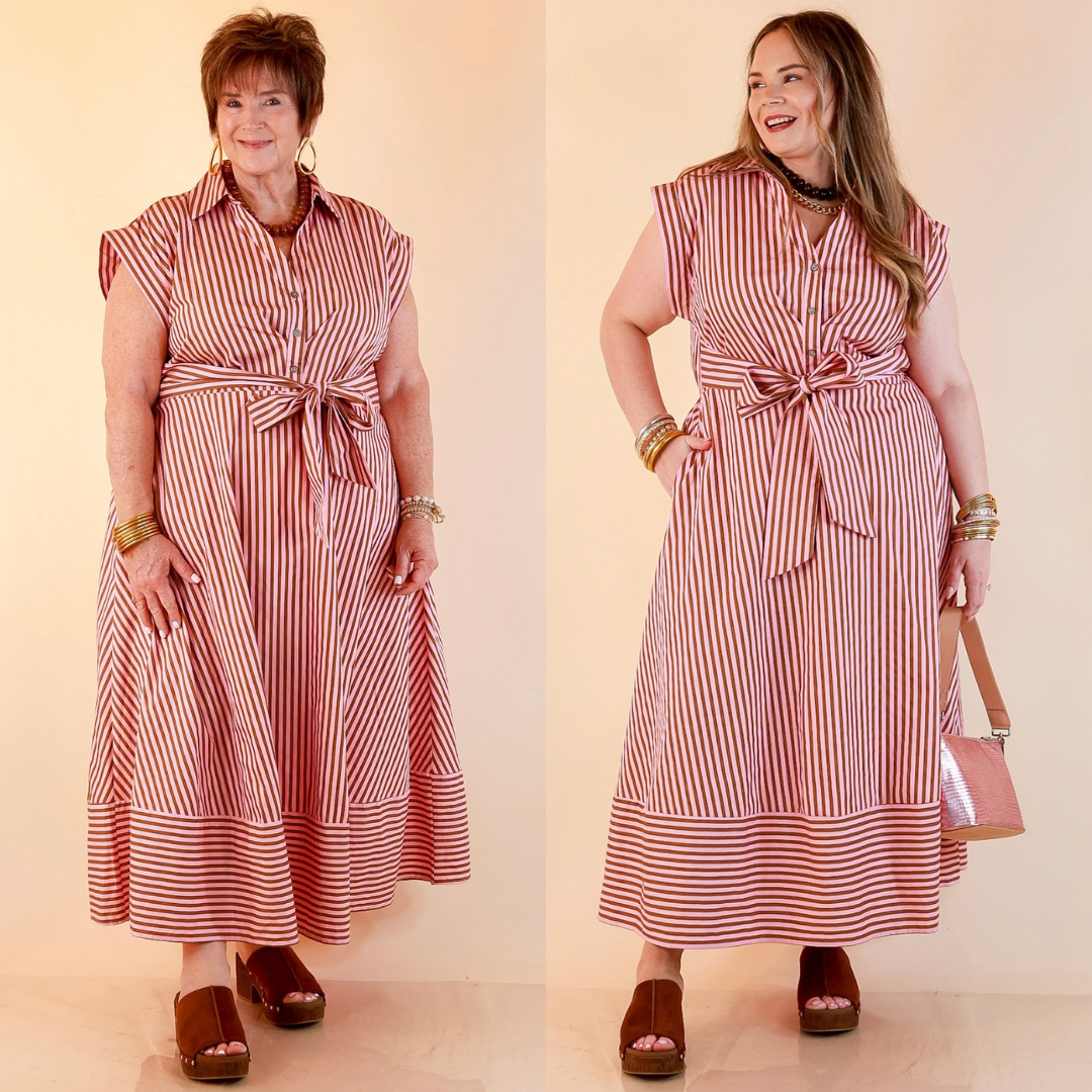 In Good Standing Striped Tie Waist Button Down Midi Dress in Pink and Brown