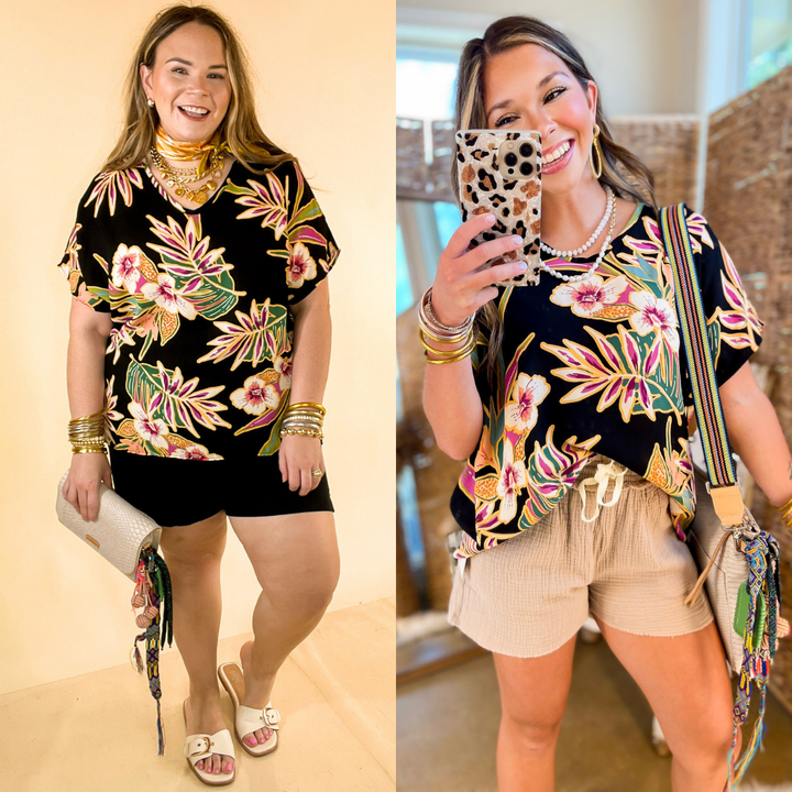 Island Oasis Tropical Floral Print Top in Black