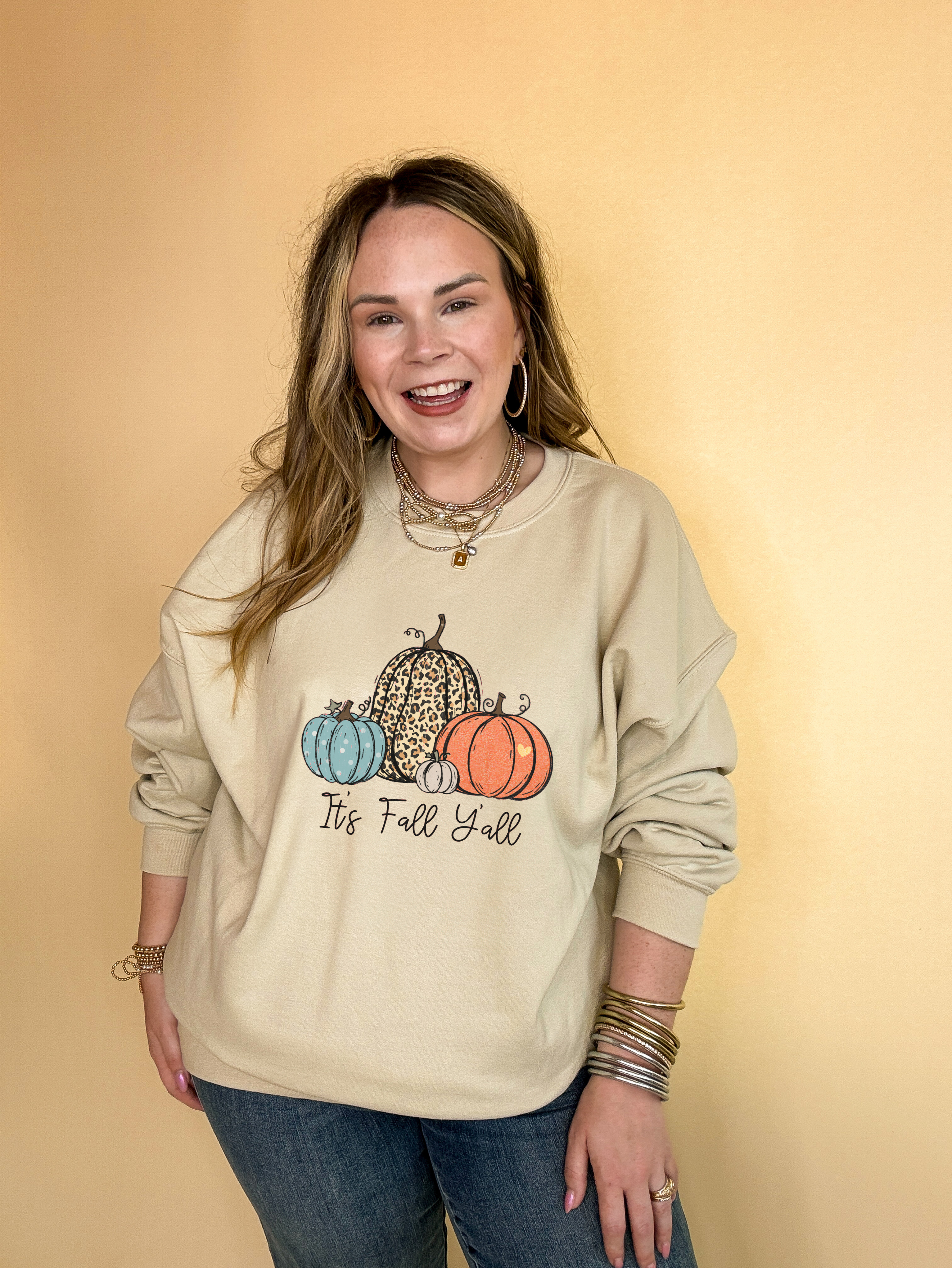 Online Exclusive | It's Fall Y'all Pattern pumpkins Graphic Sweatshirt in Multiple Color Options