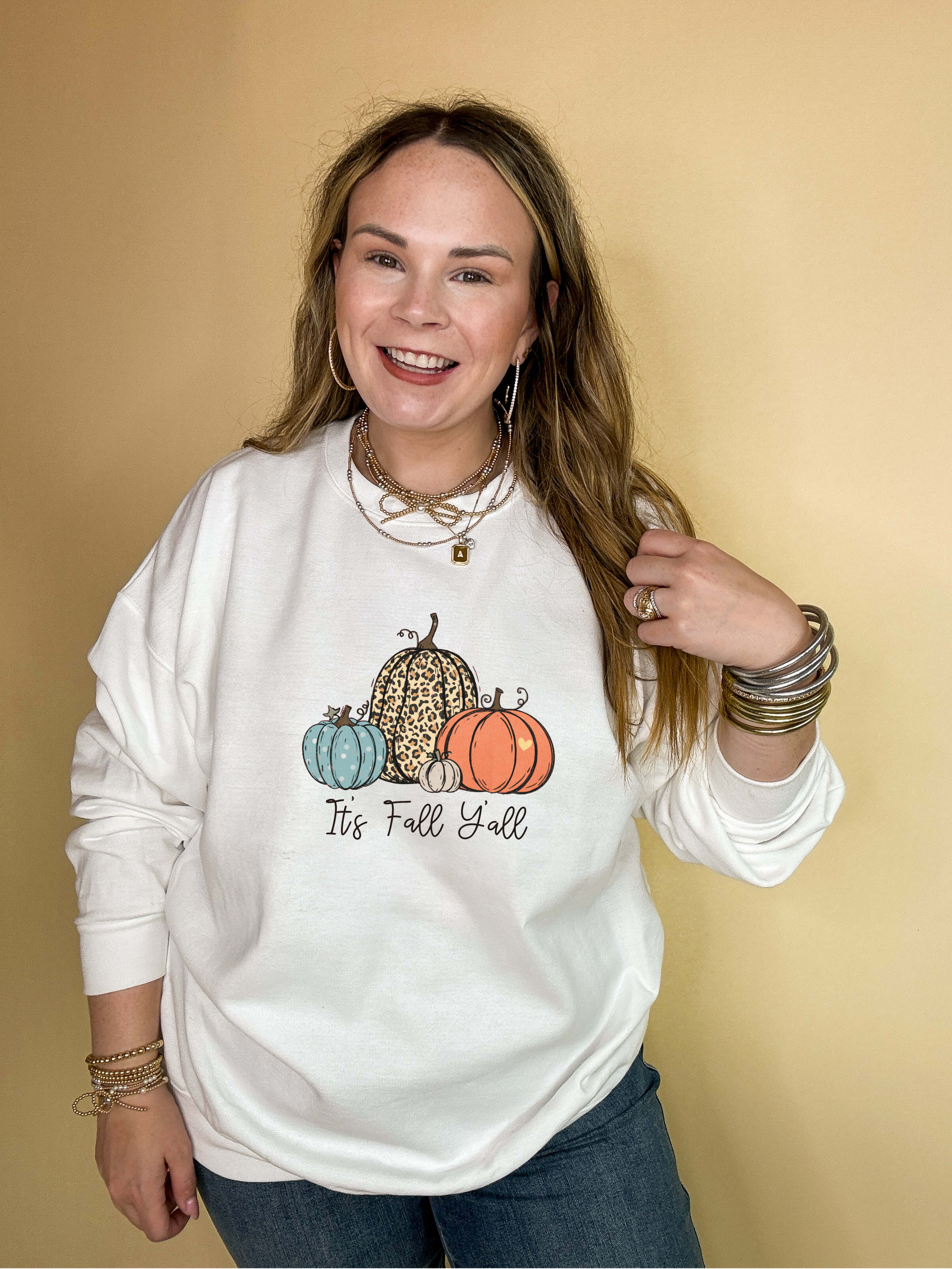 Online Exclusive | It's Fall Y'all Pattern pumpkins Graphic Sweatshirt in Multiple Color Options