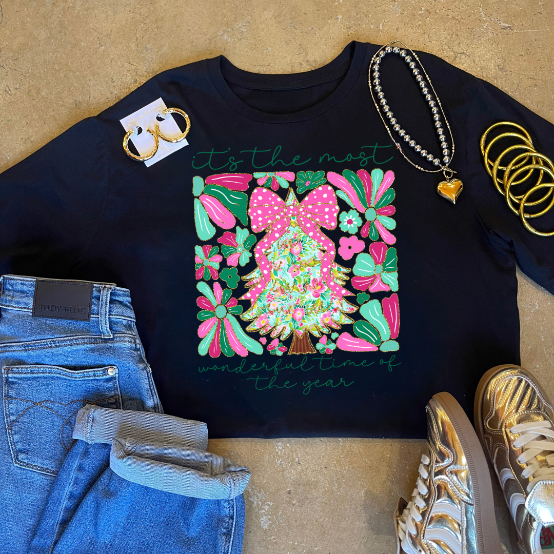 Online Exclusive | "It's the Most Wonderful Time of the Year" Coquette Christmas Tree Graphic Sweatshirt in Multiple Color Options