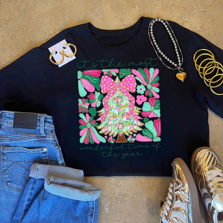 Online Exclusive | "It's the Most Wonderful Time of the Year" Coquette Christmas Tree Graphic Sweatshirt in Multiple Color Options