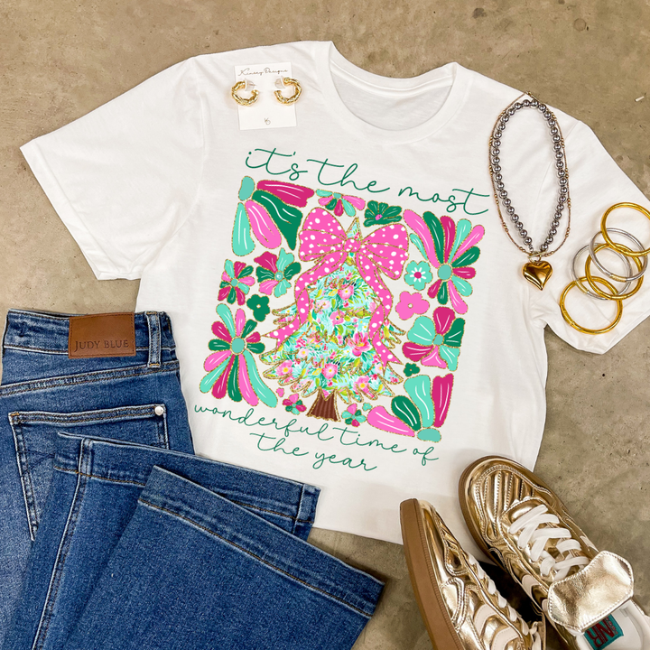 Online Exclusive | "It's the Most Wonderful Time of the Year" Coquette Christmas Tree Graphic Sweatshirt in Multiple Color Options