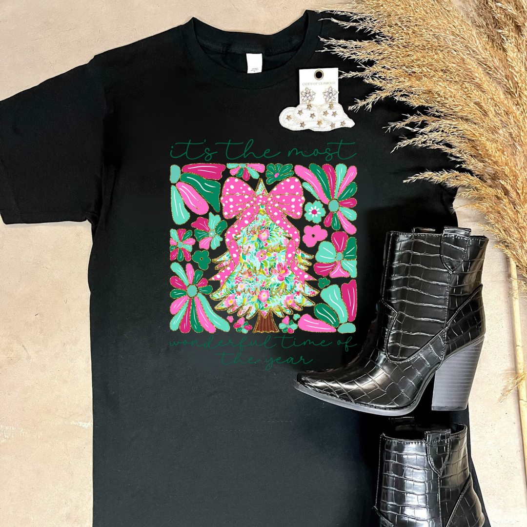Online Exclusive | "It's the Most Wonderful Time of the Year" Coquette Christmas Tree Graphic Tee in Multiple Color Options