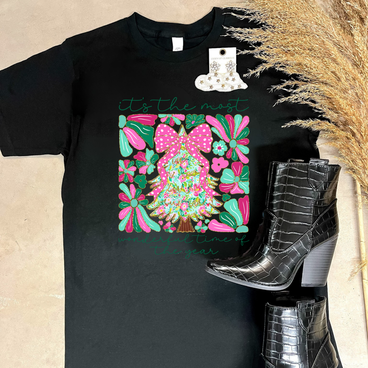 Online Exclusive | "It's the Most Wonderful Time of the Year" Coquette Christmas Tree Graphic Tee in Multiple Color Options