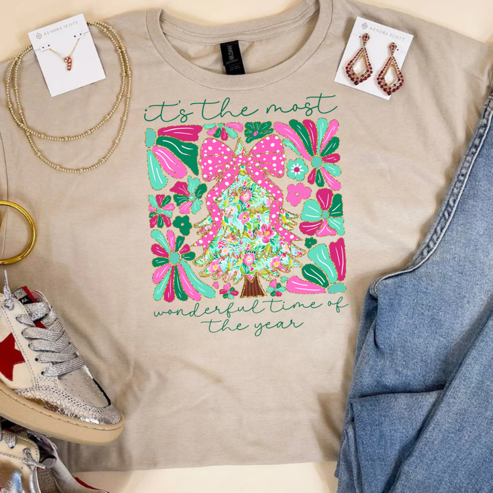 Online Exclusive | "It's the Most Wonderful Time of the Year" Coquette Christmas Tree Graphic Tee in Multiple Color Options