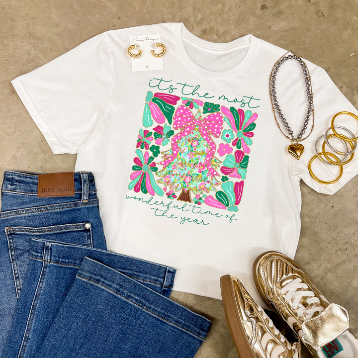 Online Exclusive | "It's the Most Wonderful Time of the Year" Coquette Christmas Tree Graphic Tee in Multiple Color Options