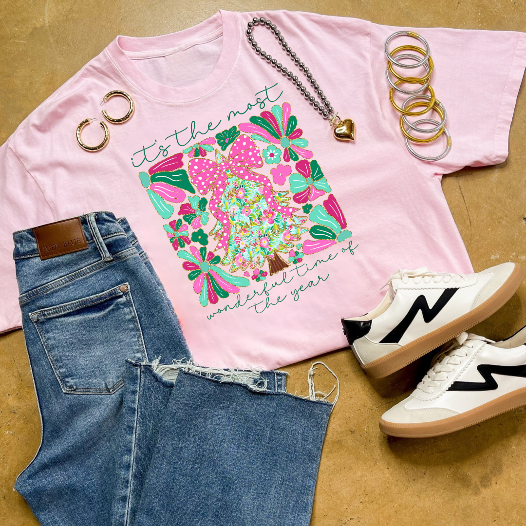 Online Exclusive | "It's the Most Wonderful Time of the Year" Coquette Christmas Tree Graphic Tee in Multiple Color Options