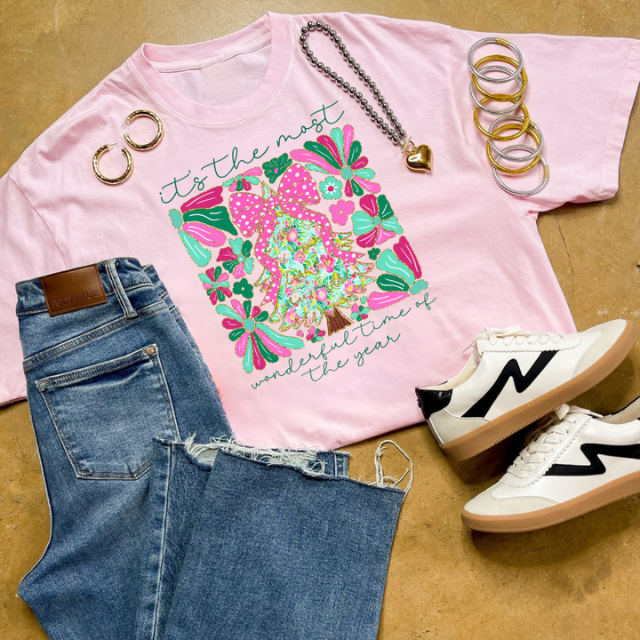 Online Exclusive | "It's the Most Wonderful Time of the Year" Coquette Christmas Tree Graphic Tee in Multiple Color Options