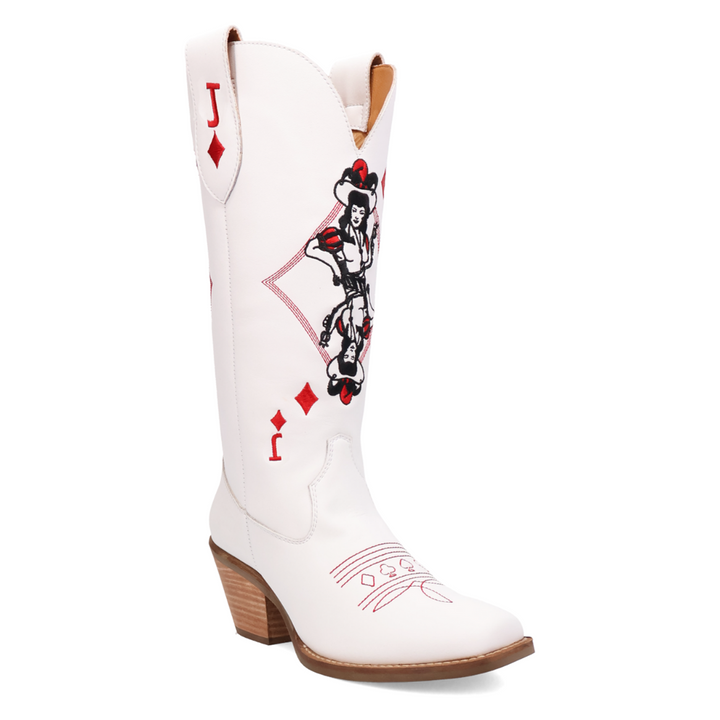 On a solid white background a white leather boot with jack of diamonds playing card inspired stitching on the 15 inch shaft and western stitching on the front toe of the boot. Including a 1 1/2 inch heel and square shaped toe.