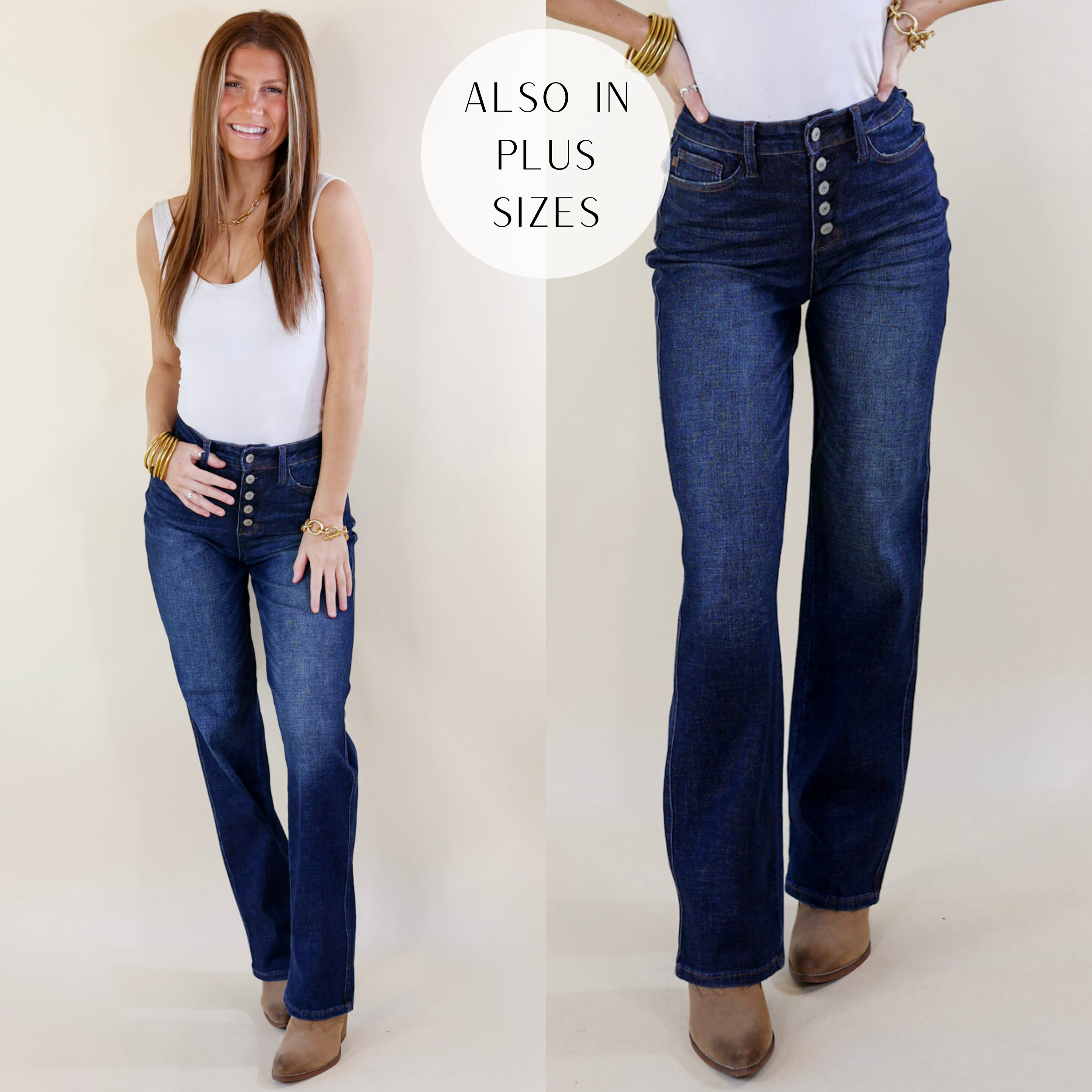 Judy Blue | Bonfire Nights Button Fly Straight Leg Jeans in Dark Wash - Giddy Up Glamour Boutique