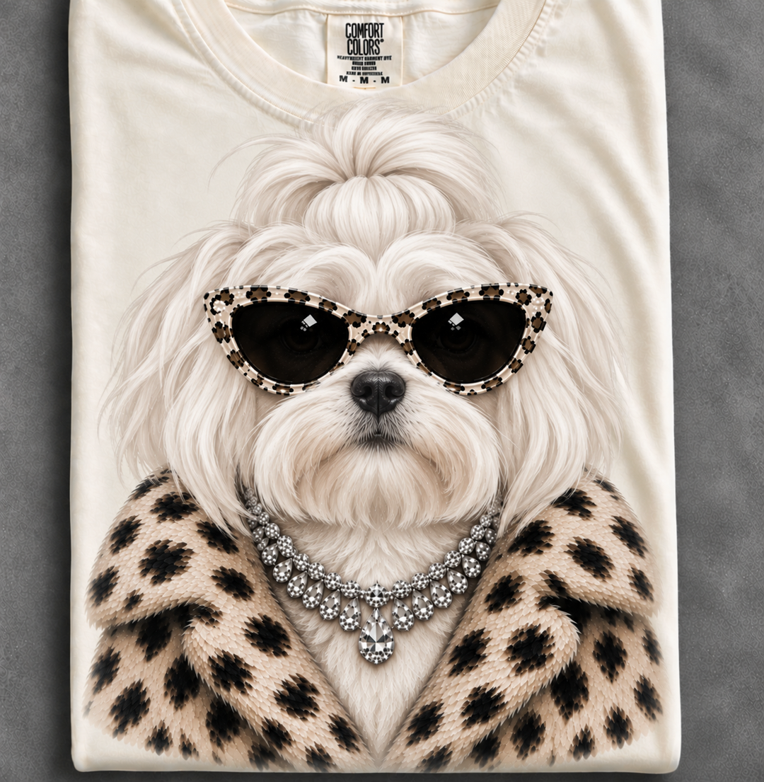 Custom Made to Order | Fur Coat Energy Maltese Faux Jewelry Printed Graphic Design Tee or Sweatshirt in Multiple Printing Options on Ivory