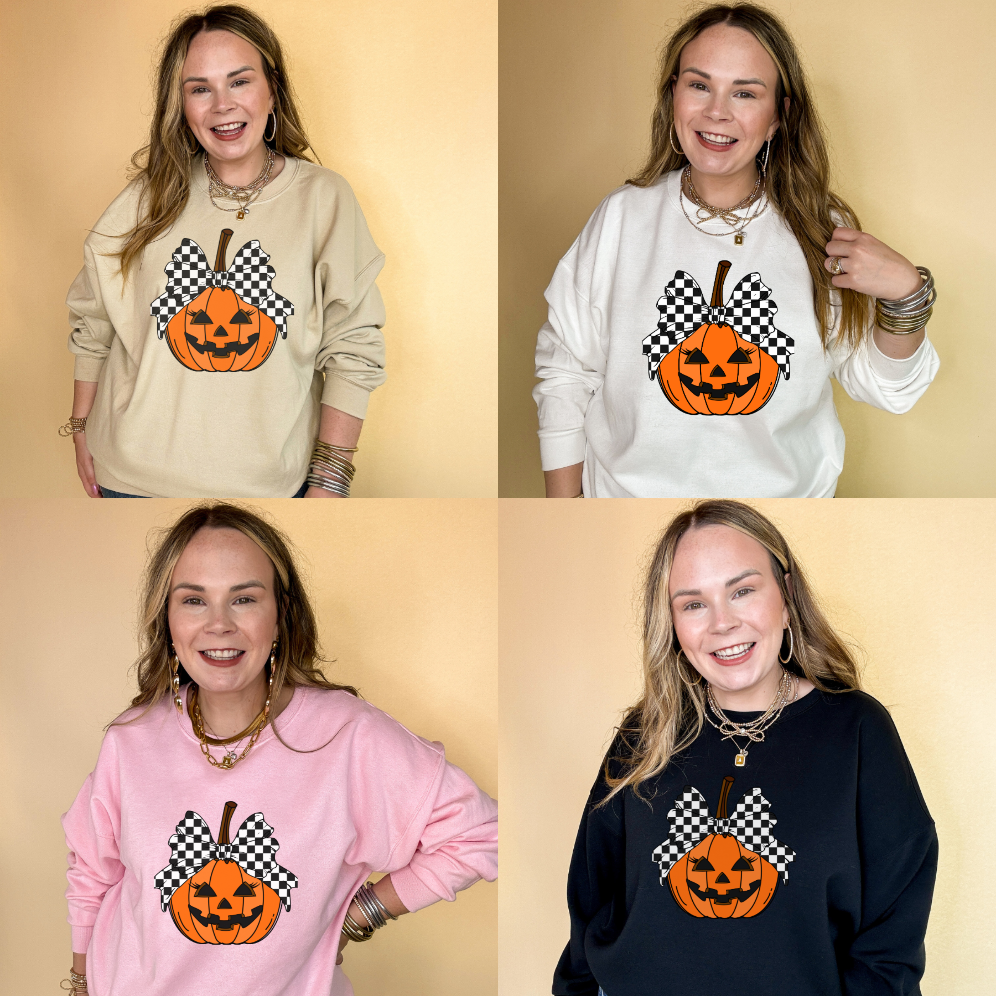 Online Exclusive | Jack-O-Lantern Pumpkin with Checkered Bow Graphic Sweatshirt in Multiple Color Options