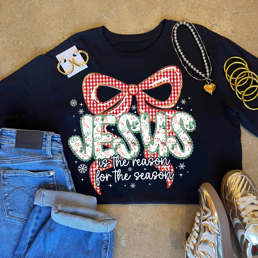 Online Exclusive | Jesus is the Reason for the Season Checkered Bow Christmas Graphic on Tee and Sweatshirt Options