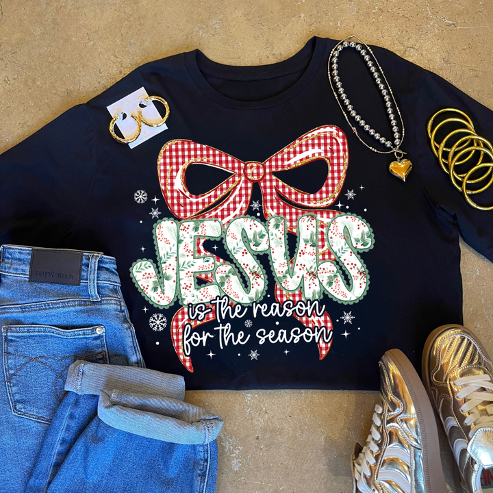 Online Exclusive | Jesus is the Reason for the Season Checkered Bow Christmas Graphic on Tee and Sweatshirt Options