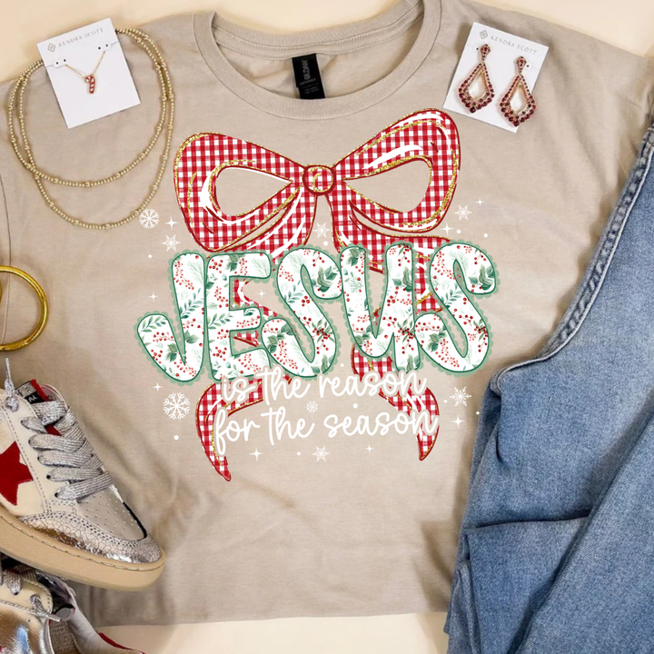 Online Exclusive | Jesus is the Reason for the Season Checkered Bow Christmas Graphic on Tee and Sweatshirt Options