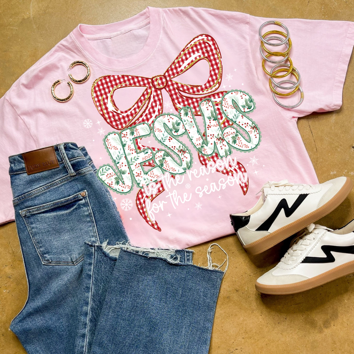 Online Exclusive | Jesus is the Reason for the Season Checkered Bow Christmas Graphic on Tee and Sweatshirt Options