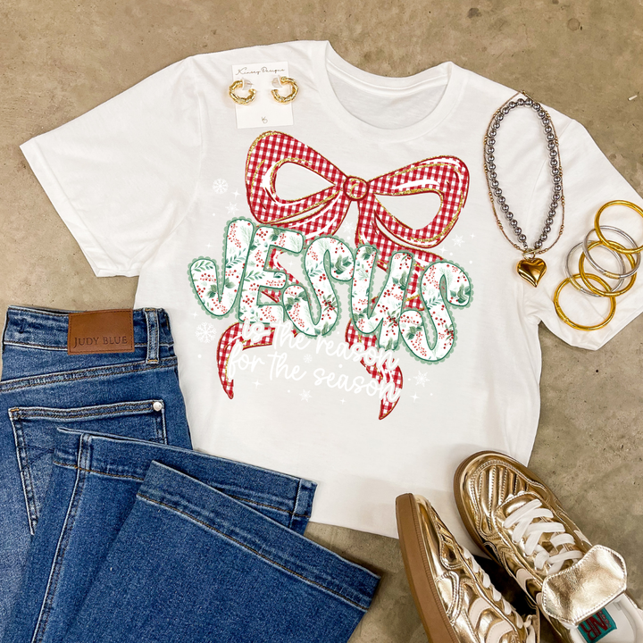 Online Exclusive | Jesus is the Reason for the Season Checkered Bow Christmas Graphic on Tee and Sweatshirt Options