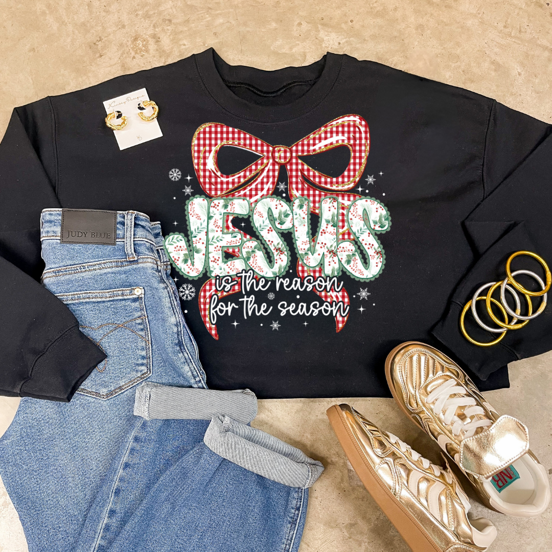 Online Exclusive | Jesus is the Reason for the Season Checkered Bow Christmas Graphic on Tee and Sweatshirt Options