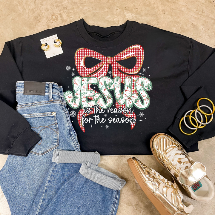 Online Exclusive | Jesus is the Reason for the Season Checkered Bow Christmas Graphic on Tee and Sweatshirt Options