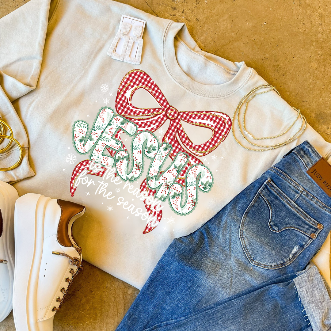 Online Exclusive | Jesus is the Reason for the Season Checkered Bow Christmas Graphic on Tee and Sweatshirt Options
