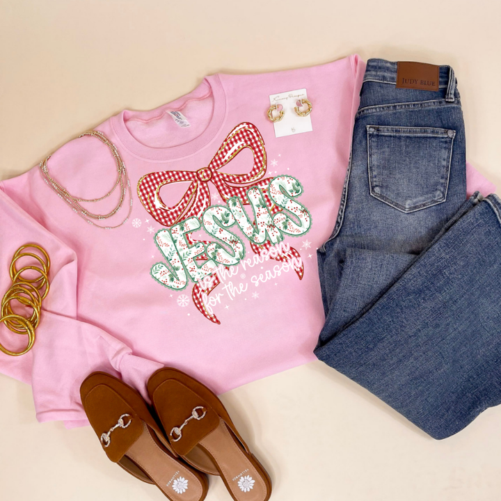 Online Exclusive | Jesus is the Reason for the Season Checkered Bow Christmas Graphic on Tee and Sweatshirt Options