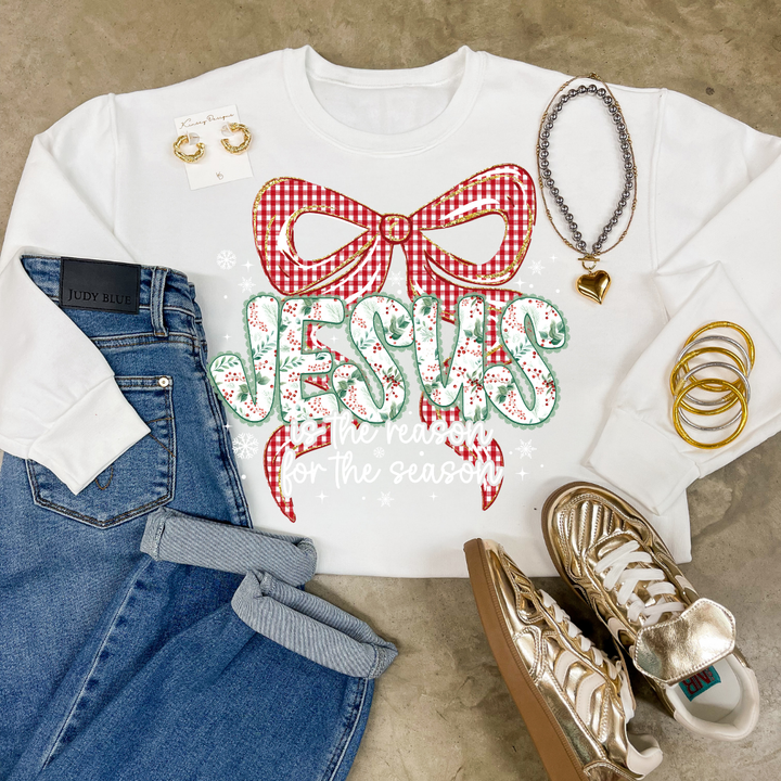 Online Exclusive | Jesus is the Reason for the Season Checkered Bow Christmas Graphic on Tee and Sweatshirt Options