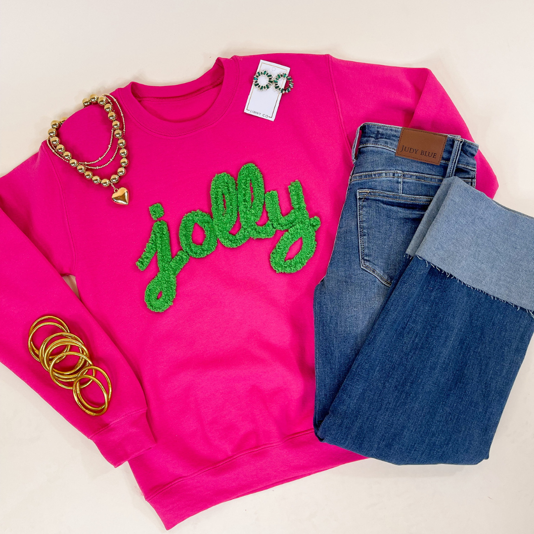 Jolly Hand Stitched in Green Christmas Graphic Sweatshirt in Pink