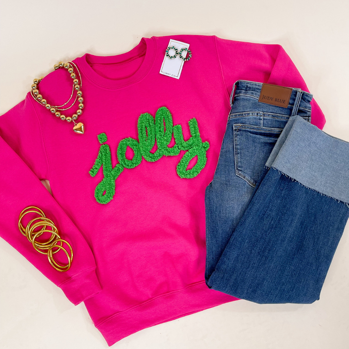 Jolly Hand Stitched in Green Christmas Graphic Sweatshirt in Pink