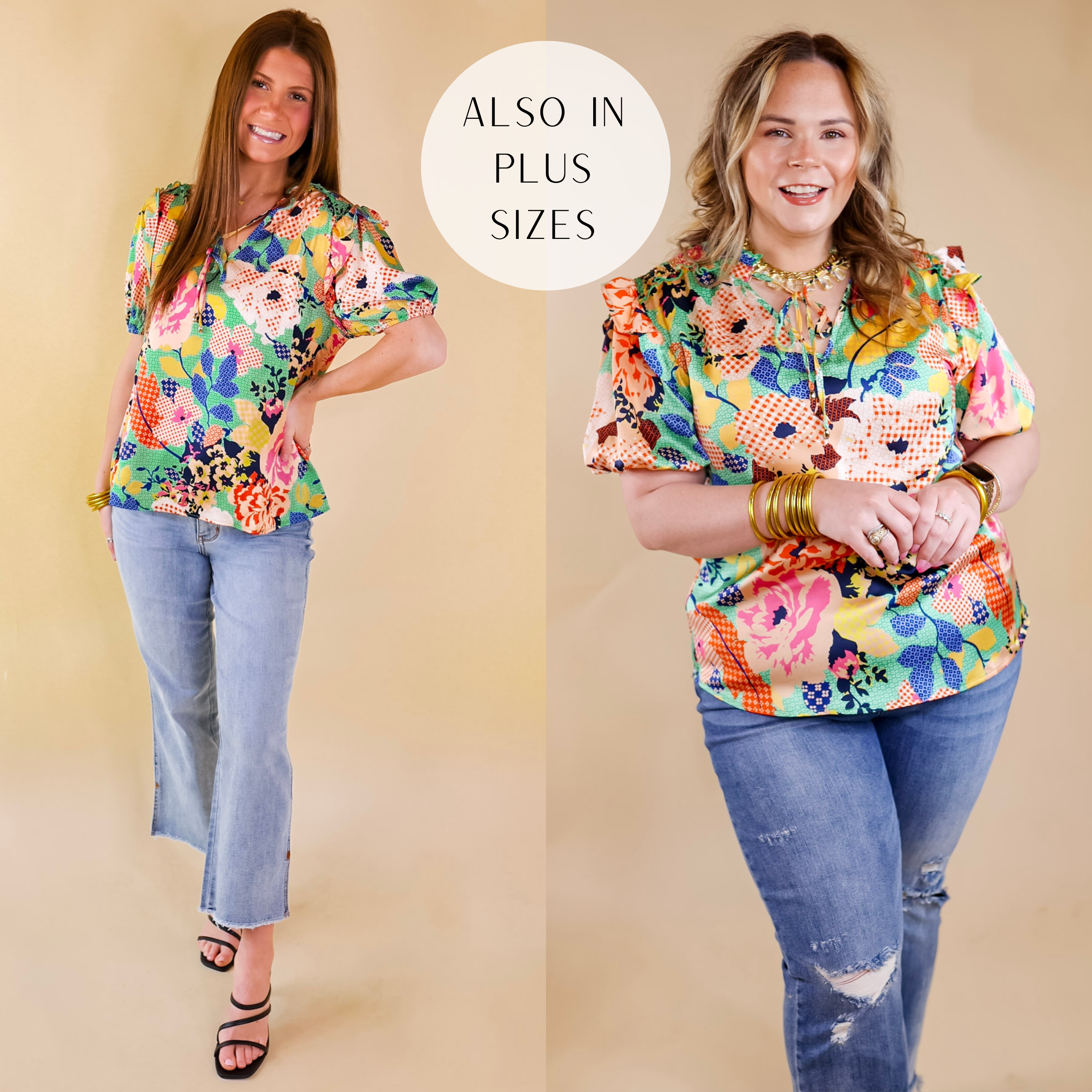 Models are wearing a floral print top with a keyhole and tie neckline, short balloon sleeves, and smocked detailing on the shoulders. Size small model has it paired with light wash jeans, black heels, and gold jewelry. Size large model has it paired with distressed jeans and gold jewelry.