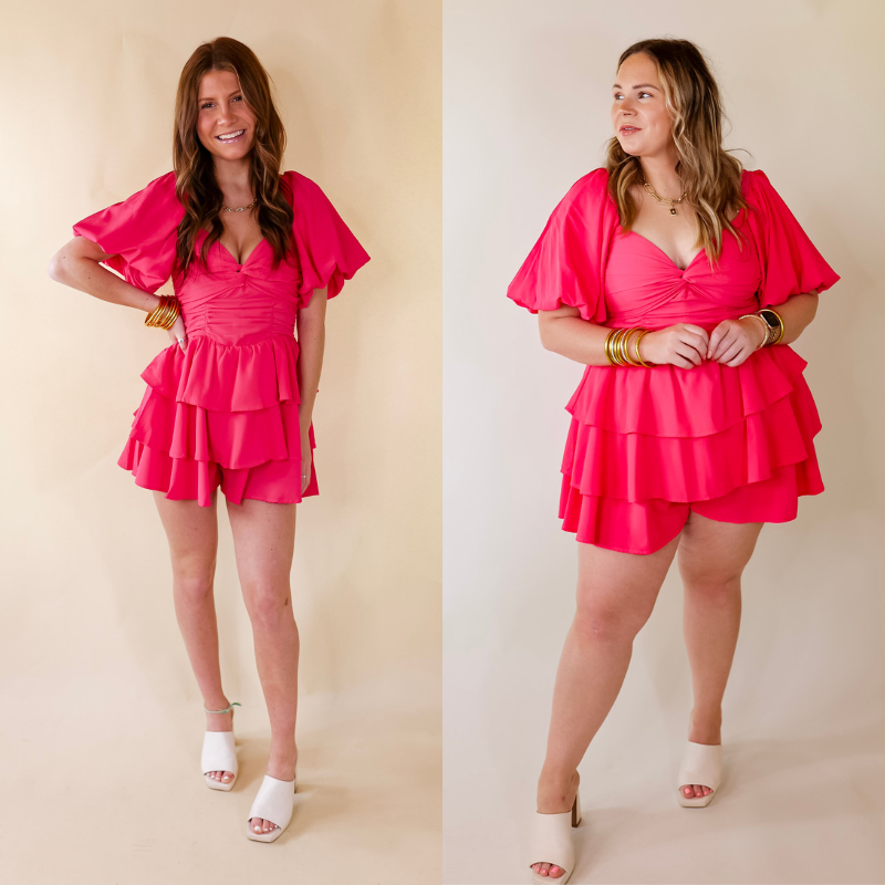 I Want It All Tiered Romper With Puffed Sleeves In Fuchsia Pink - Giddy Up Glamour Boutique