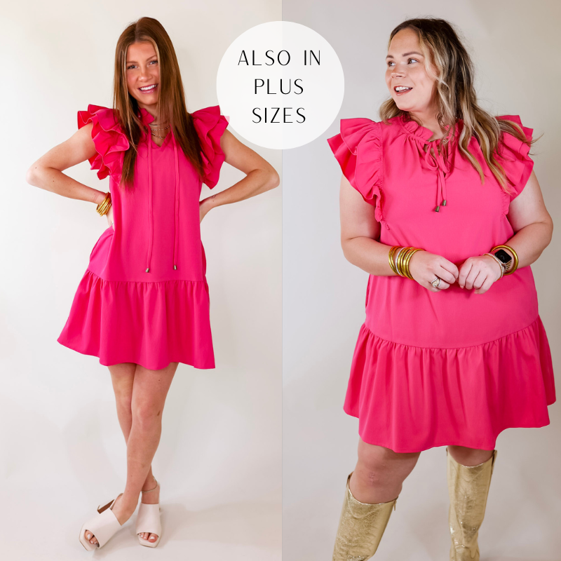 Powerful Love Ruffle Cap Sleeve Dress with Keyhole and Tie Neckline in Hot Pink
