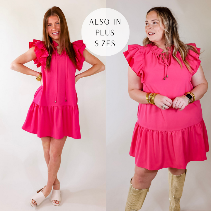 Powerful Love Ruffle Cap Sleeve Dress with Keyhole and Tie Neckline in Hot Pink - Giddy Up Glamour Boutique