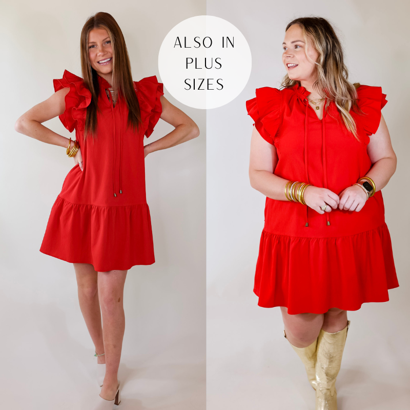 Powerful Love Ruffle Cap Sleeve Dress with Keyhole and Tie Neckline in Red - Giddy Up Glamour Boutique