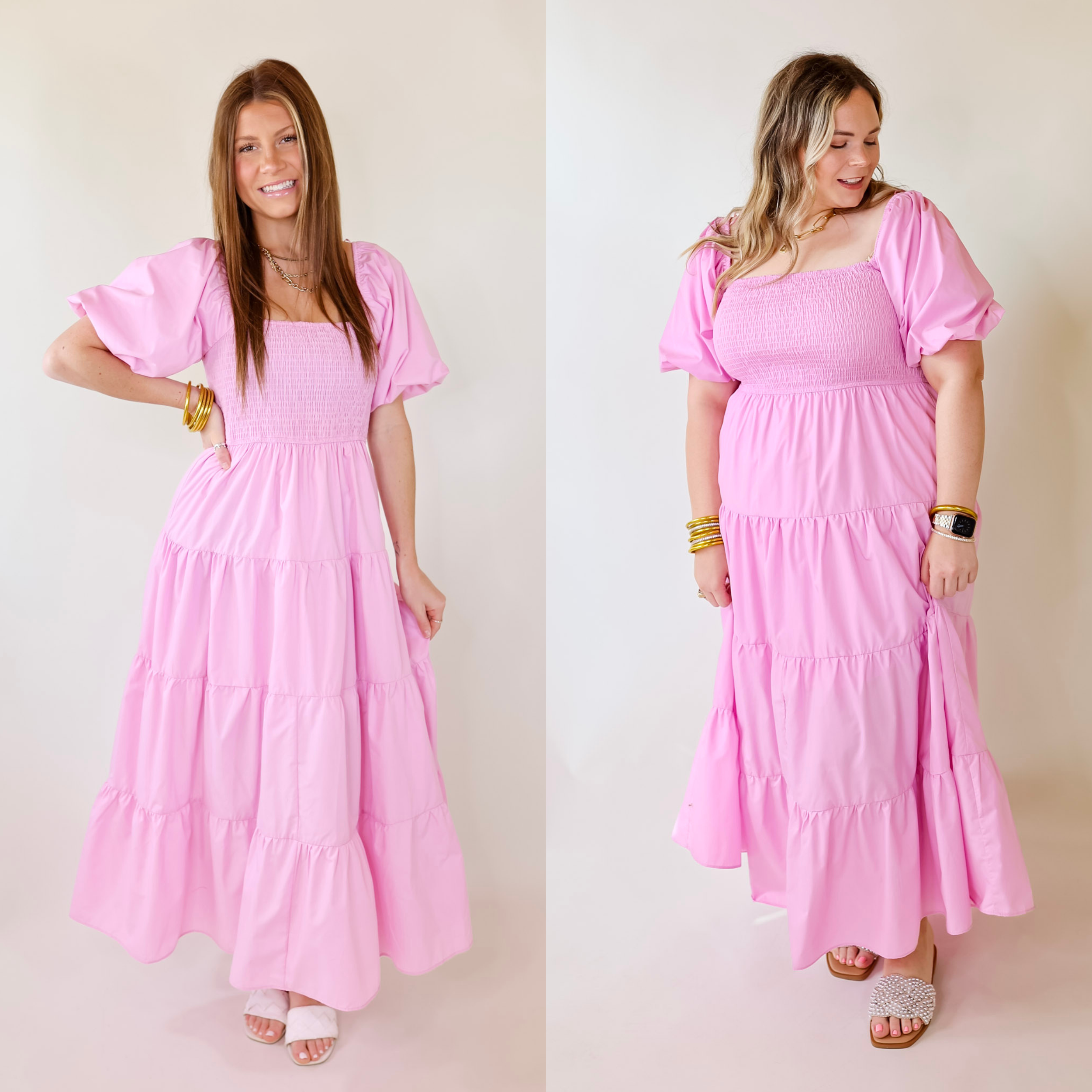 Santorini Sunshine Short Balloon Sleeve Maxi Dress in Light Pink - Giddy Up Glamour Boutique