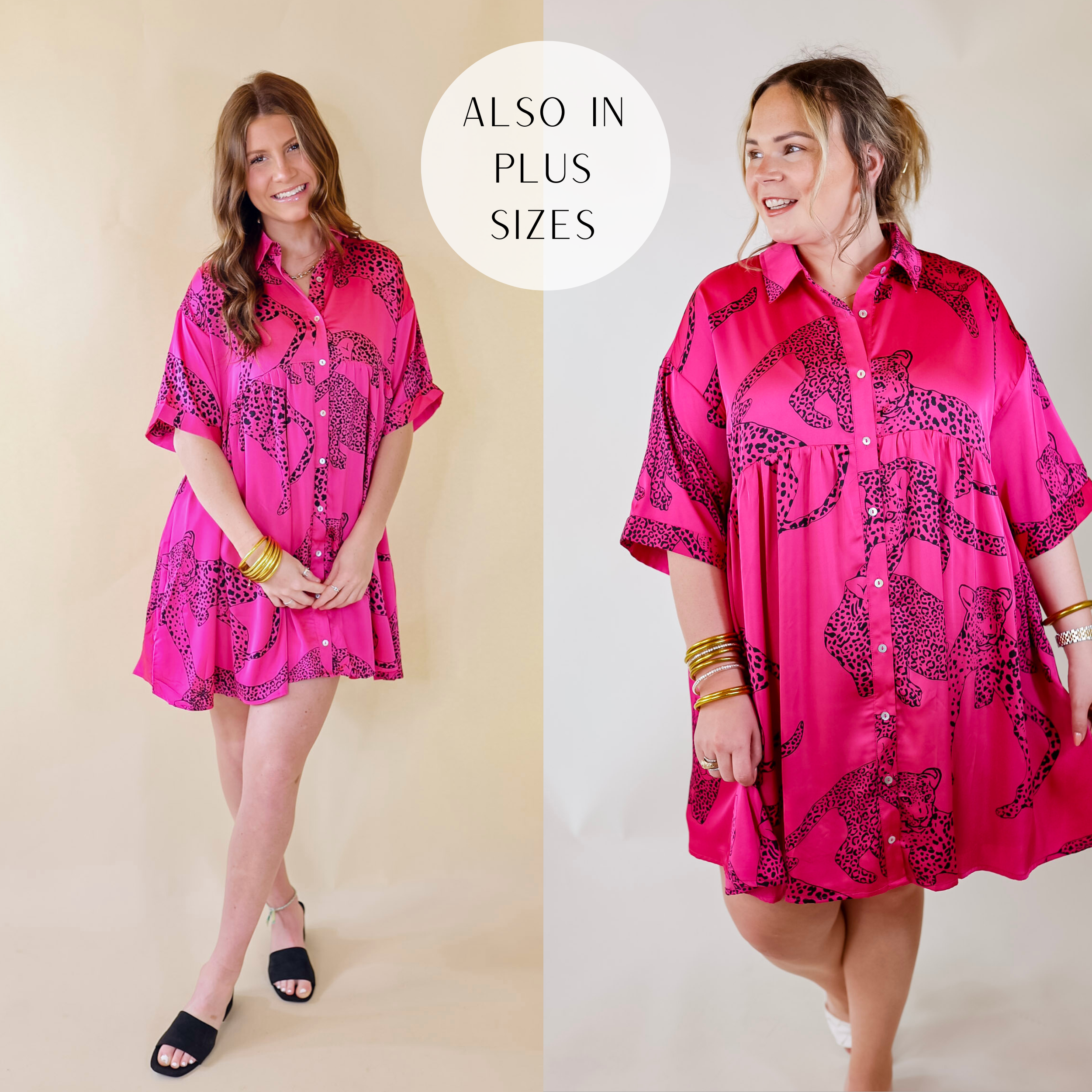 A short satin pink button up dress featuring black leopards, button up collar, and a loose flowy fit. Item is pictured on a pale pink background.