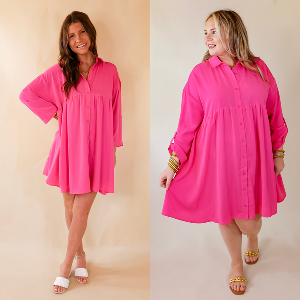 A pink button up babydoll dress featuring a collared necklace, 3/4 flowy sleeves, pleated skirt, and a relaxed fit. Item is pictured on a pale pink background.