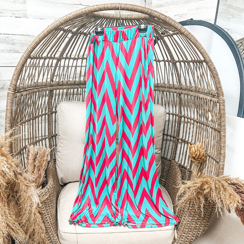 Floor Length Chevron Print Pants in Turquoise and Fuchsia - Giddy Up Glamour Boutique
