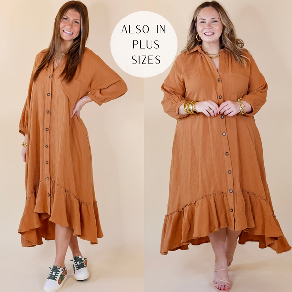Models are wearing a button up dress with a ruffled hem in camel brown. Models have paired the dress with gold tone jewelry, white and green sneakers, and ivory strappy heels.