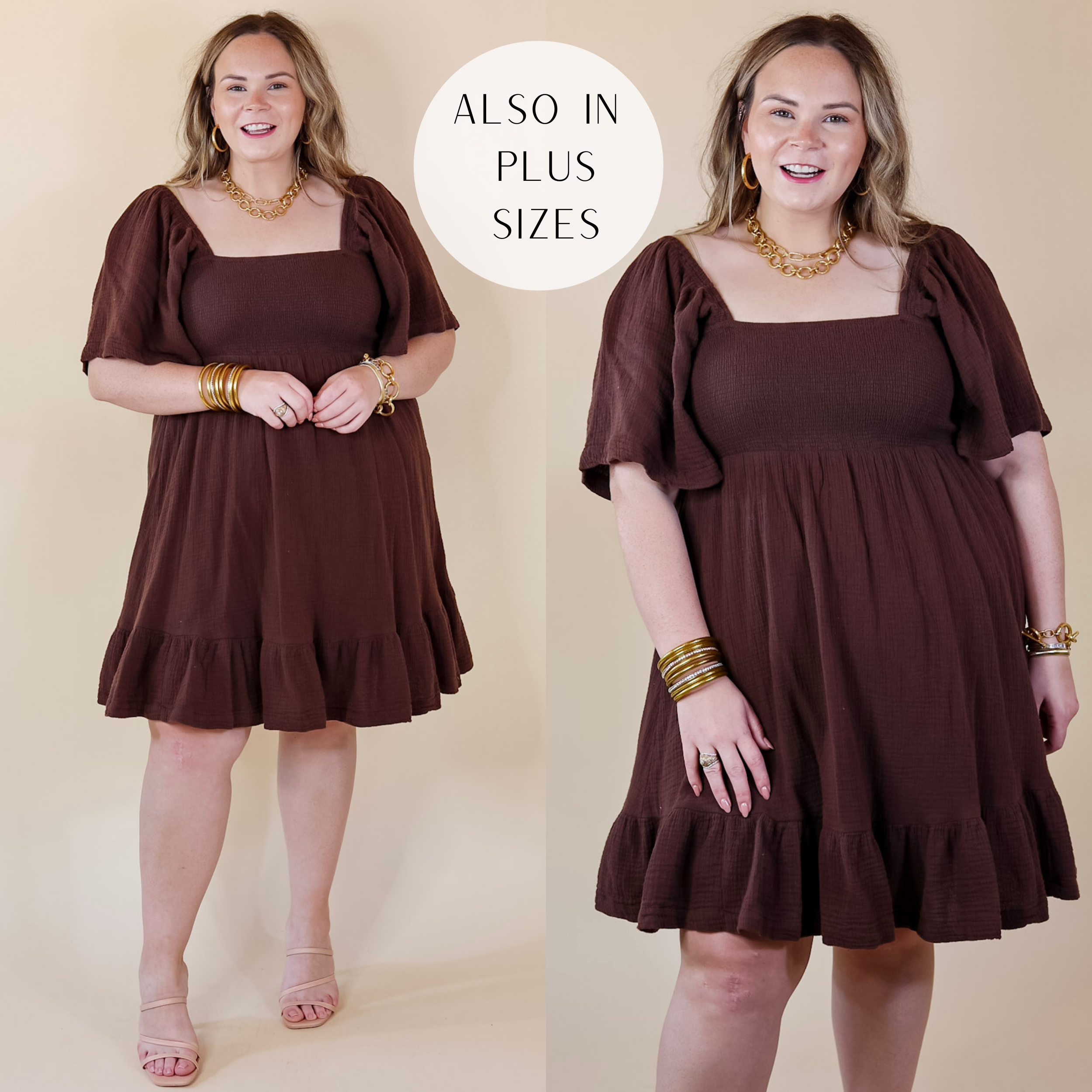 Model is wearing a ruffle hem dress in brown with gold accessories